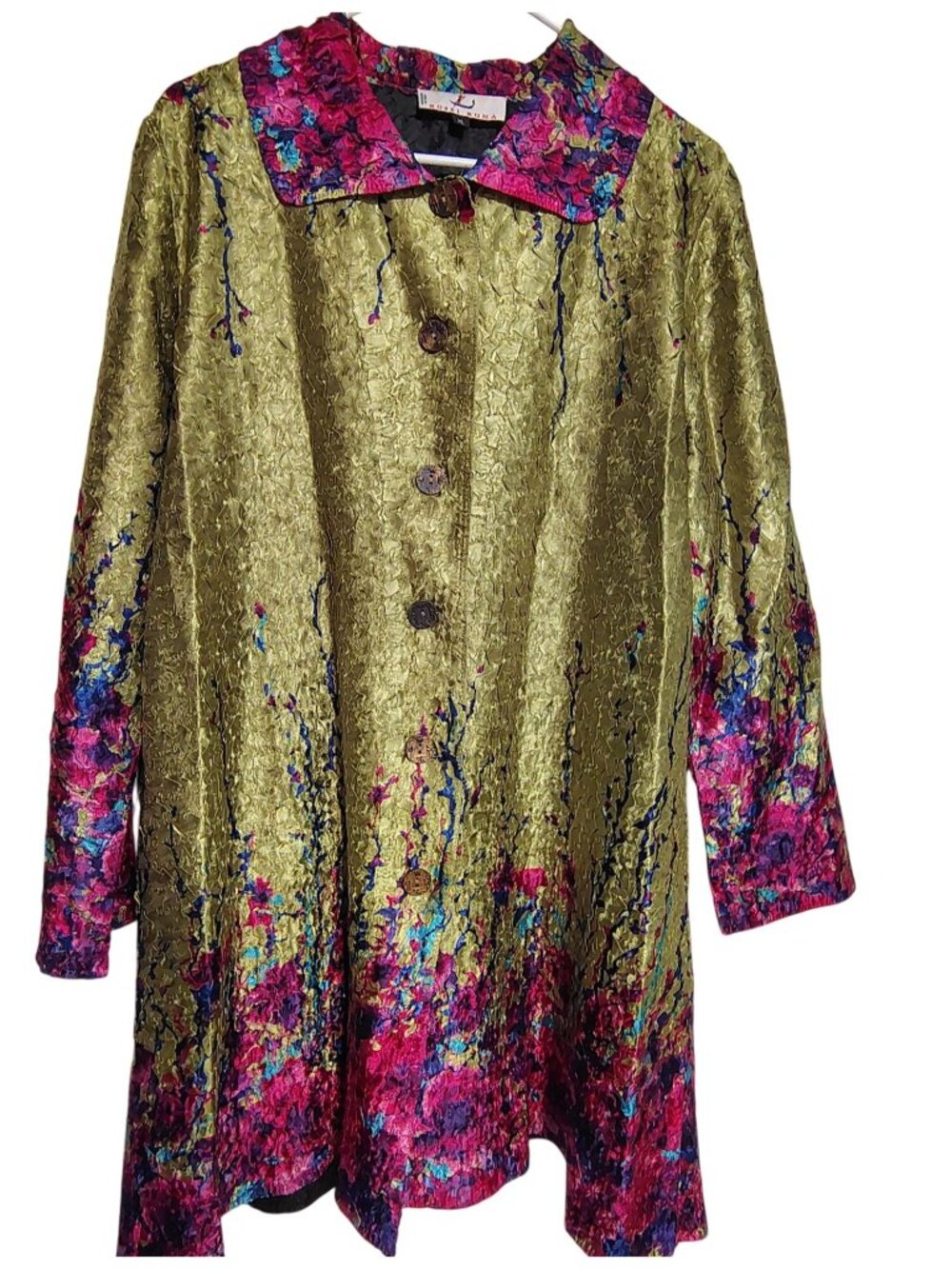 Rossi Roma XL Crinkle Fabric Satin Jacket, Green Purple Pink Accents Art to Wear